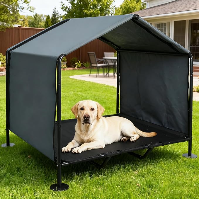 Large Dog House with Elevated Dog Bed, Waterproof Dog Shade with Back Cover | Portable Outdoor Dog Tent for Medium/Large Dogs, Sun & Rain Protection Canopy for Camping/Patio/Yard, Ground Stakes Included