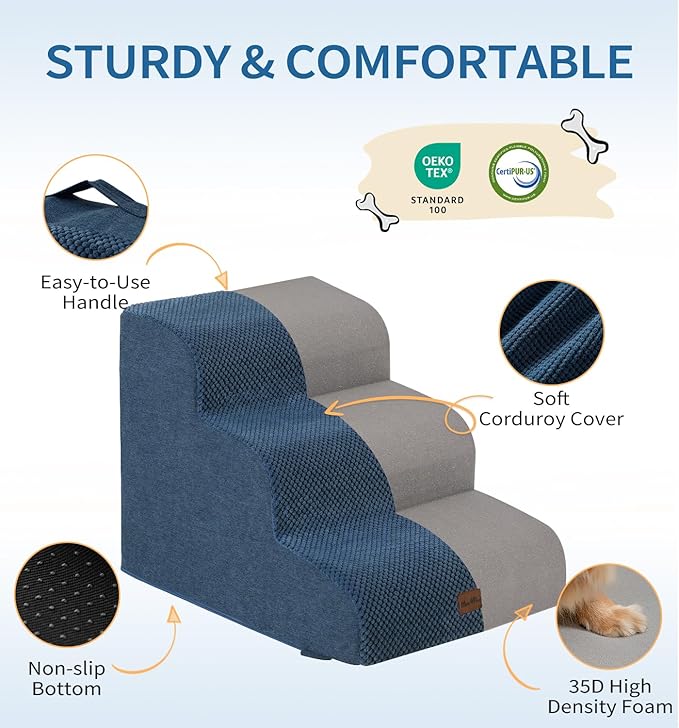Made4Pets Dog Stairs Ramp for High Bed 22.8" H, 5-Step Pet Stairs for Bed Couch Sofa Climbing, 35D Foam Pet Steps for Small Dogs and Cats, Non-Slip Bottom Dog Steps, Navy