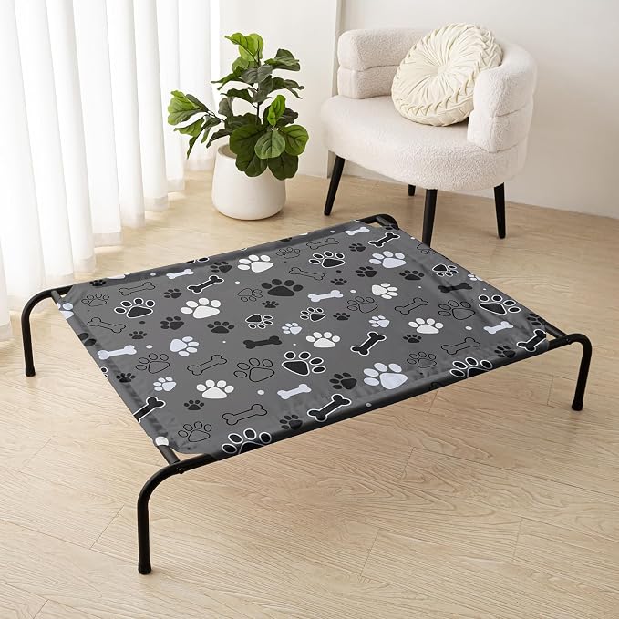 QOOMO Elevated Dog Bed with Cooling Fabric, Pet Cot for Small and Big Dogs, Indoor and Outdoor Use, Joint Relief, Cute Printed Cushion Included (Black Paw Prints, 35.43" L*25.59" W*8.27" Th)