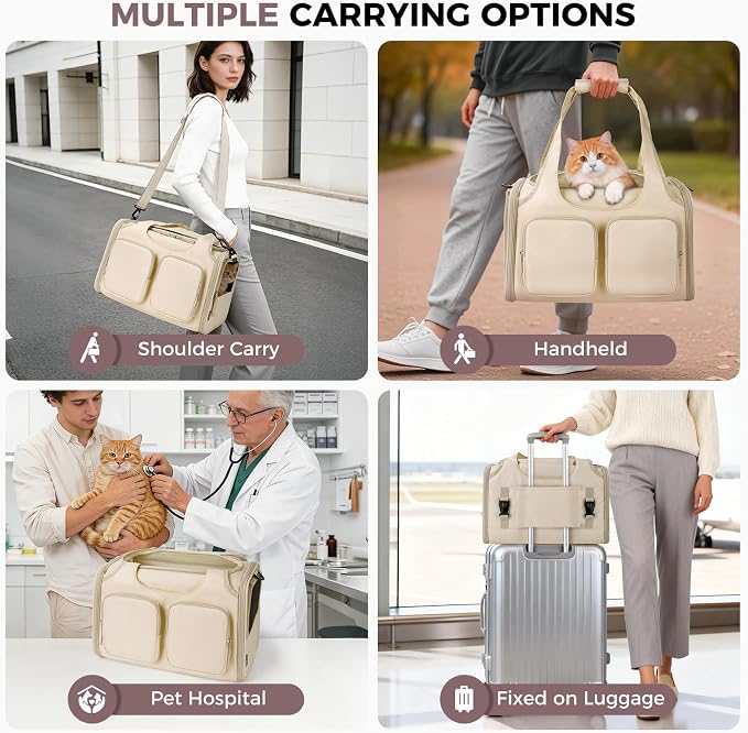 Dog, Cat Carrier for Pets Up to 12 Lbs, Airline Approved Collapsible Soft-Sided Pet Travel Bag with Locking Zippers, Breathable Mesh and 4 Large Pockets, Removable Fleece Pad (Beige)