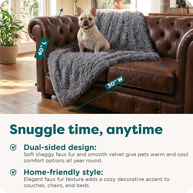 Furhaven Waterproof Throw Blanket for Dogs & Indoor Cats, Reversible Protective Pet Blanket, Medium, Long Faux Fur & Velvet, Gray