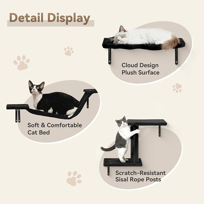 Meecal 6-in-1 Cat Wall Shelves, Wall Mounted Cat Furniture Set with Scratching Posts, Cat Bed & Bridge, Space Saving Cat Climbing Perch for Kittens, Black