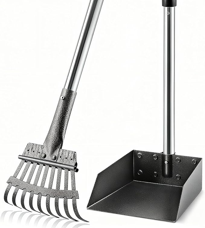 Pooper Scooper, Long Handle Pet Supplies Dog Pooper Scooper with Stainless Metal Tray and Rake for Large Medium Small Dogs Heavy Duty, Use on Grass, Dirt or Gravel