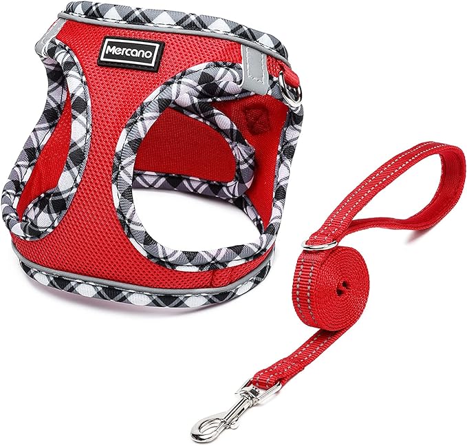 Mercano Soft Mesh Dog Harness and Leash Set, No-Chock Step-in Reflective Breathable Lightweight Easy Walk Vest Harnesses with Safety Buckle for Small Dogs, Cats (Red, XL)