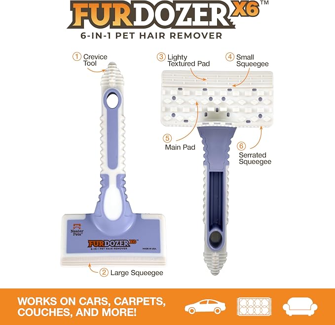 FurDozer Pet Hair Remover & Auto Detailing Tools - Cat & Dog Hair Remover for Carpets, Car Interiors, Couches, Bedding, & Pet Furniture (Purple, (2 Pack) - X6)