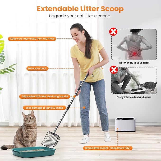 PETOCAT Cat Litter Scoop 43 inch Metal Litter Scooper with Stainless Steel Long Handle, Upgraded Large Kitty Box Scooper Heavy Duty Deep Shovel for Fast Sifting, Dog Waste Scooops for Outside Pet Poop