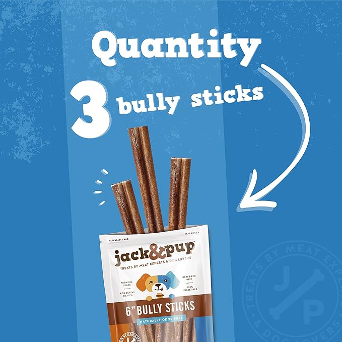 Jack&Pup 6 Inch Bully Sticks for Dogs (3 Pack) Extra Thick Dog Chews Long Lasting, Single Ingredient, 100% Beef Bully Sticks for Large Dogs and Medium Dogs