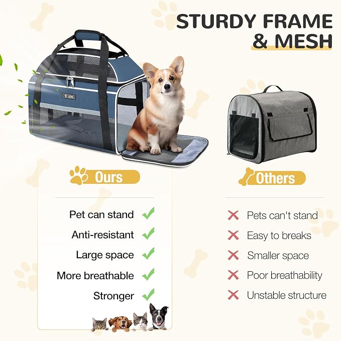 Lekereise Top-Expandable Pet Carrier 17x11x9.5 Inch Alaska Hawaiian Airline Approved Soft Sided Underseat to 12lbs Travel Carriers for Small Dogs and Cats with Locking Safety Zippers Anti-Scratch Mesh