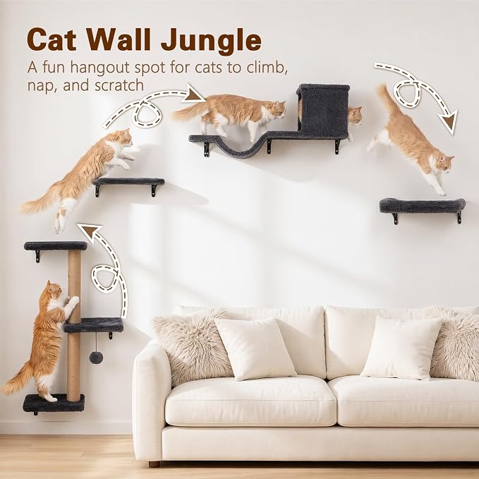 6-in-1 Cat Wall Shelves for Indoor Cats, Wall Mounted Furniture with Bed, Cave, Perch & Scratching Post, Multi-Level Climbing System, Space-Saving Playground, Natural Wood Gray