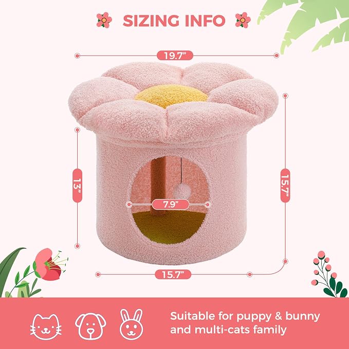 PETEPELA Cat Beds for Indoor Cats, Small Cute Cat Tree House with Removable Flower Cat Bed, Cat Hideaway, Indoor Cat House Condo, Cat Accessories, 20X20X16 Inches, Pink