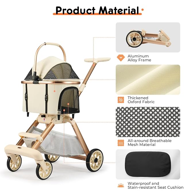 Pet Stroller for Small Dogs - 3 In1 Dog Stroller with Adjustable Handle and Detachable Carrier Car Seat, Foldable Cat Stoller with 5" Lockable All-Terrain Wheels