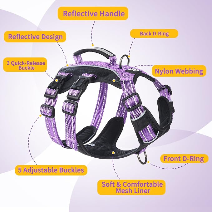 Service Dog Vest Harness, Escape Proof Harness with 6 Patches, No-Pull, Reflective Harness with Handle, Adjustable for Small to Large Dogs, for Training and Hiking (Lavender Purple, XS)