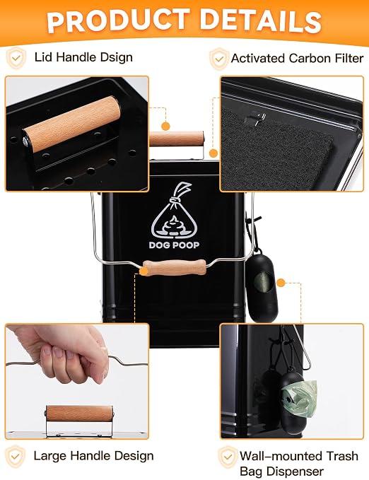 Dog Poop Trash Can Outside, Metal Pet Waste Trash Can with Lid & Handle, 5L/1.3Gal Dog Waste Station with Bag Holder & 30 Bags(Black)