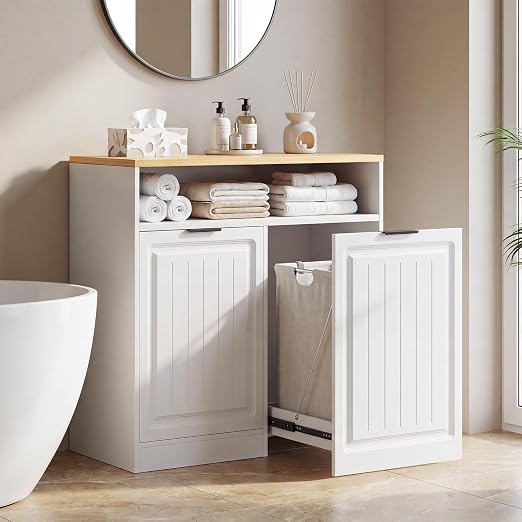 ZIFTY Pull Out Trash Can Cabinet for 13 Gallon Can with Storage, White | Pet Proof, Freestanding Kitchen Island Cabinet, Adjustable Shelf, Garbage Recycling, Modern Farmhouse Waste Bin Furniture