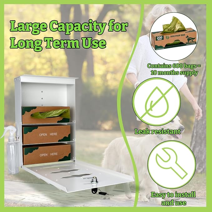 Metal Dog Poop Bag Dispenser Wall Mount - 600 Roll Bags Included | Pet Waste Station -Pet Waste Bag Dispenser with Pick Up After Your Dog Sign (Glow in the Dark)