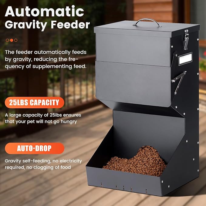 Automatic Dog Feeder for Large Breed Outdoor | 25lbs Galvanized Gravity Dog Food Dispenser and Pet Feeder for Large Dogs, Cats, Chicken, Ducks, Deer
