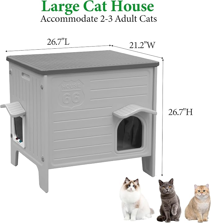 Outdoor Cat House Weatherpoof Large Plastic Cat Shelter Outside | with Escape Door Indoor Waterproof Feral/Pet Cat Houses for Multiple Cats (Grey)
