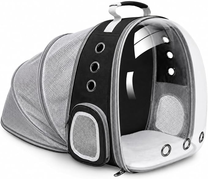 Expandable Cat Carrier Backpack for Cats and Dogs, Bubble Window Pet Travel Backpack with Breathable Mesh, Anti-Collapse Structure, Side Door, Safety Leash, for Vet Visits, Hiking, Outdoor, Black