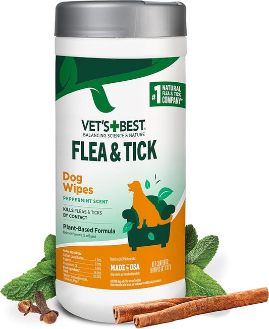 Vet’s Best Natural Flea and Tick Wipes for Dogs, Plant-Based Wipes for Flea and Tick Prevention Certified Essential Oils, Pest Control for Kennels and Home Use, Made in USA, 50 Count