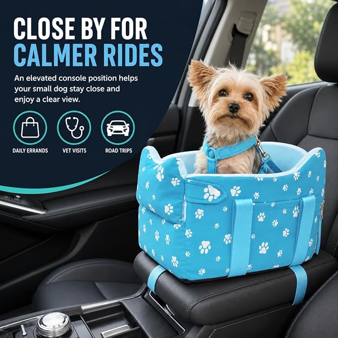Center Console Dog Car Seat for Small Dogs Under 15lbs,Detachable Washable Booster Pet Car Seat Travel Bed with Storage Pockets and Seat Belt(Blue)