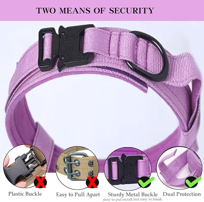 Tactical Dog Collar for Large Dogs with Control Handle,Purple,XXL | 1000D Heavy-Duty Nylon Fabric,Quick-Release Metal Buckle,Adjustable Fit,Soft-Padded Webbing,D-Ring,for Training & Hiking
