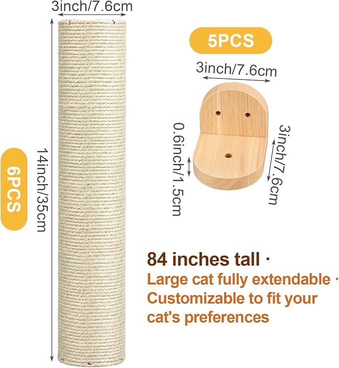 84" Tall Wall Mounted Cat Scratcher Post, Cat Wall Shelves Furniture, 6 Pcs 14 Inch Sisal Climbing Poles with 5 Brackets, Kitten Modular Scratch Tower, Space Saving Pet Supplies