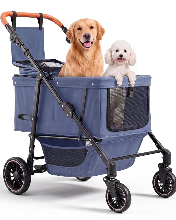 Dog Stroller for Large & Medium Dogs, Pet Stroller for 2 Small Dogs, Extra Large Heavy Duty, Foldable Design, Adjustable Handle, with Pocket, Up to 66lbs(Navy Blue)