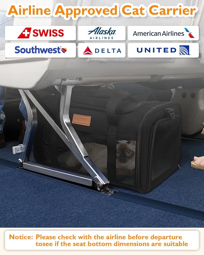 PETUX Airline Approved Pet Carrier for Small Cats up to 12 lb, Black | 17x11x9.5 in, Underseat, Top & Side Entry, Soft Sided Cat Carrier with Breathable Anti-Scratch Mesh for Travel & Vet