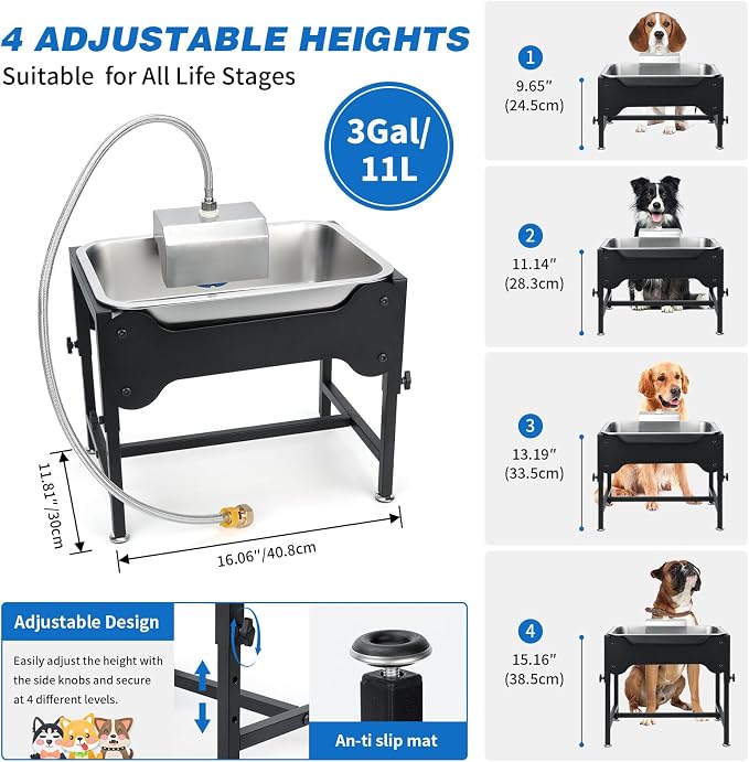 3 Gallon Outdoor Automatic Dog Water Dispenser, 4-Height Stand | Dog Water Bowl Dispenser, Auto-Refill Float Valve, Stainless Steel Bowl, Outdoor Livestock Use, 4 Heights, 14 x 10.6 x 5.9 in