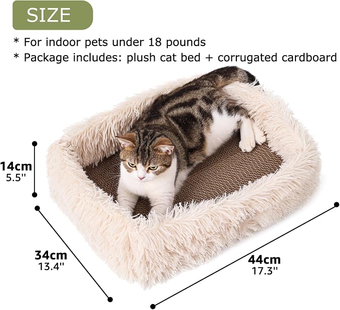 Cat Lounge Scratcher Box with Removable Cardboard (Beige) | High-density Corrugated Cardboard with Double-sided Use, Soft Long Plush, Release Stress and Protect Furniture