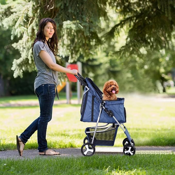 LEMY Pet Stroller,4 Wheels Dog Cat Stroller with Storage Basket&Cup Holder,Folding Dog Cat Cage Jogger Strollers for Small Medium Dogs Cats Travel,Navy Blue