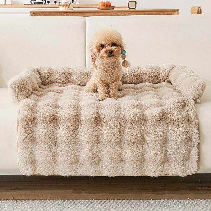 Calming Dog Bed for Couch, 29.5 x 29.5 inch, Non-Slip Rabbit-Velvet Dog Sofa Mat for Furniture Protector, Perfect for Small, Medium Dogs and Cats (Khaki, Medium)