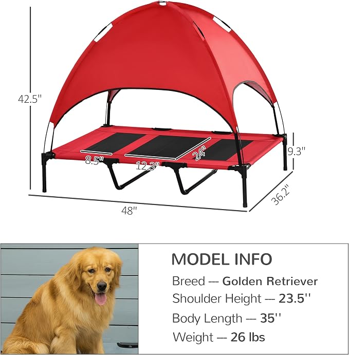 PawHut Elevated Dog Bed with Removable Canopy, Outdoor Dog Cot with UV Protection Canopy Shade, 48 inch Large Pet Bed for Camping, Red | Large Pet Bed, Outdoor Dog Cot, UV Protection Shade, Camping