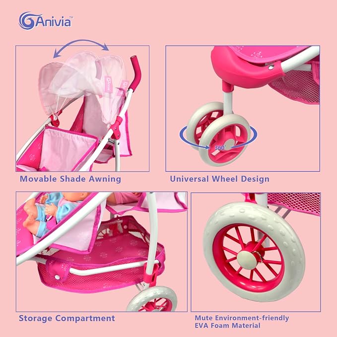 ANIVIA Twin Doll Stroller Heart Design, 1:1 Foldable Double Doll Pram, Suitable for Ages 3+, Dolls Up to 36cm, Pink, DA601T Black