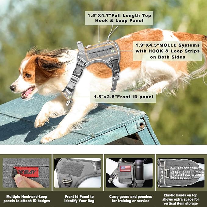 Tactical Dog Harness Large,Military Service Weighted Dog Vest Harness Working Dog MOLLE Vest with Loop Panels,No-Pull Training Harness with Leash Clips for Walking Hiking Hunting(Grey,M)