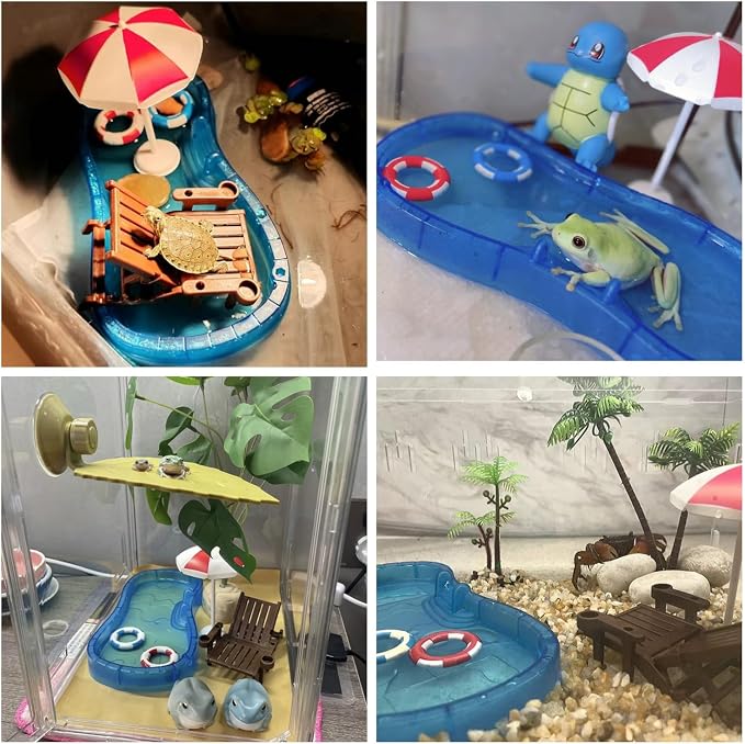 Tree Frog Tank Accessories - Novelty Pool Theme Set Turtle Habitat Decoration Reptile Water Food Bowl for Amphibian Aquatic Frog Toad Lizard Leopard Gecko Hermit Crabs Snake Spider Scorpion (Pool Set)