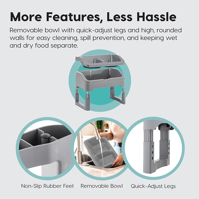 IRIS USA Elevated Pet Feeding Station, Adjustable, Double Bowls, Gray | Made in USA, Feeding Trough, Removable Double Food and Water Bowls, Easy Clean Design, Indoor Pet Feeding System