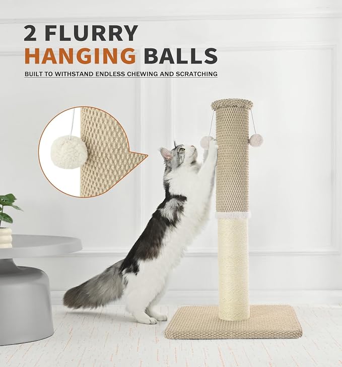 Made4Pets Cat Scratching Post with Sisal & Carpet for Indoor Cats, 23.6" | Cat Scratcher with Wide Stable Base, Interactive Hanging Toys, Ideal for Kittens, Small Cats and Everyday Indoor Play