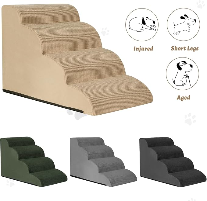 Aodisman Dog Steps for Bed or Couch,4-Step Pet Stairs Ramp for Small Dogs | 17.4" H Indoor Non-Slip Dog Stairs Help Senior Dogs,Short-Legged Breeds,Puppies and Cats to Reach Beds and Chairs,Grey,Khaki
