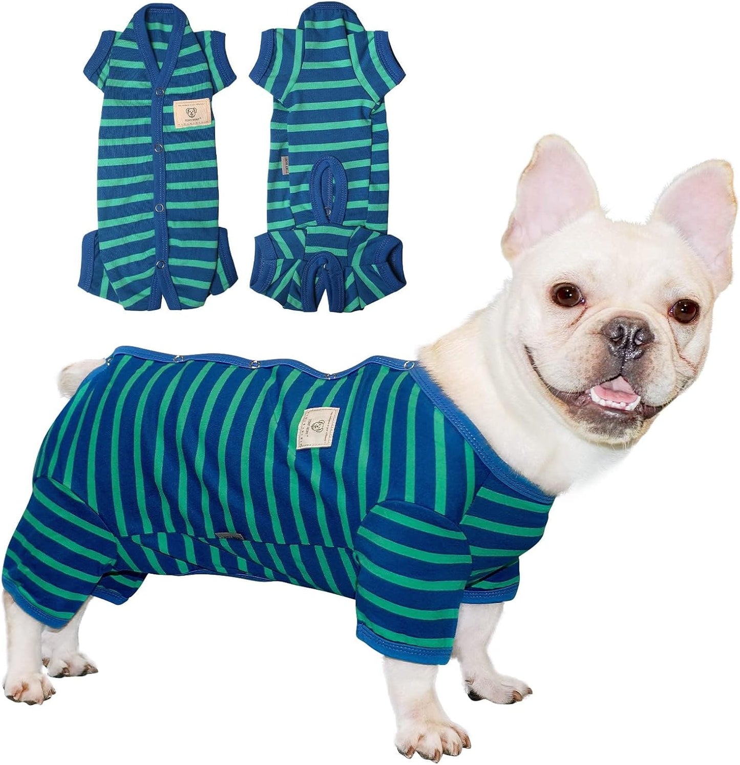 TONY HOBY Dog Pajamas for Female/Male, Dog Jumpsuit with Stripes for Small Medium Dogs, Soft and Comfortable 4 Legged Pajamas Dogs Clothes (Blue&Green, Boy, M)