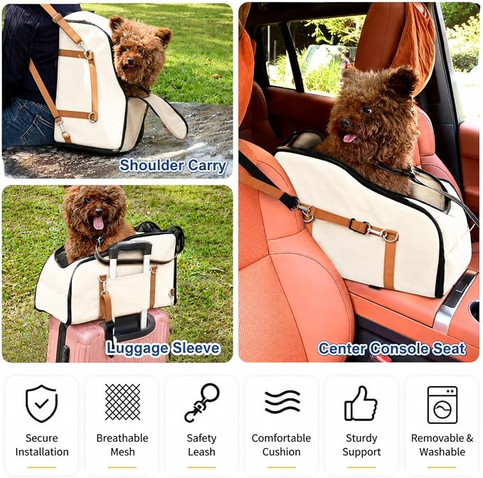 Center Console Pet Carrier for Small Dogs & Cats, Dog Car Seat with Foldable Top Window and Non-Slip Safety Straps, Travel Backpack