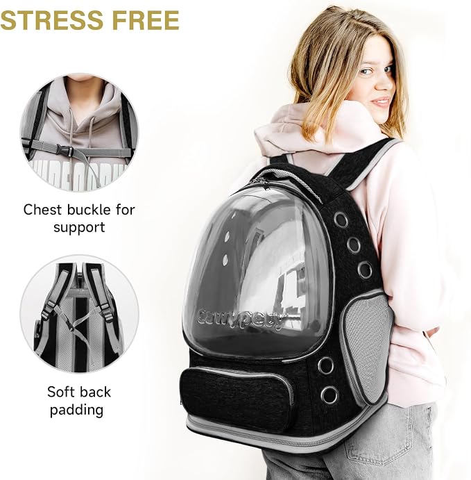 Cawypety Cat Backpack Carrier, Breathable Cat Carrier Large Space Bubble Pet Backpack for Kitty Small Dog up to 12lbs, Transparent & Foldable Pet Carrier for Travel Hiking (Black