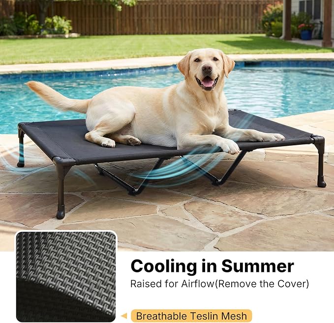 Veehoo Elevated Dog Beds Large Sized Dog with Fluffy Plush Bolster Cushion | Orthopedic Raised Dog Beds for Indoor Outdoor, Soft Pet Sofa Cot with Removable Washable Mat, No-Slip Feet, 59" x 37", Grey