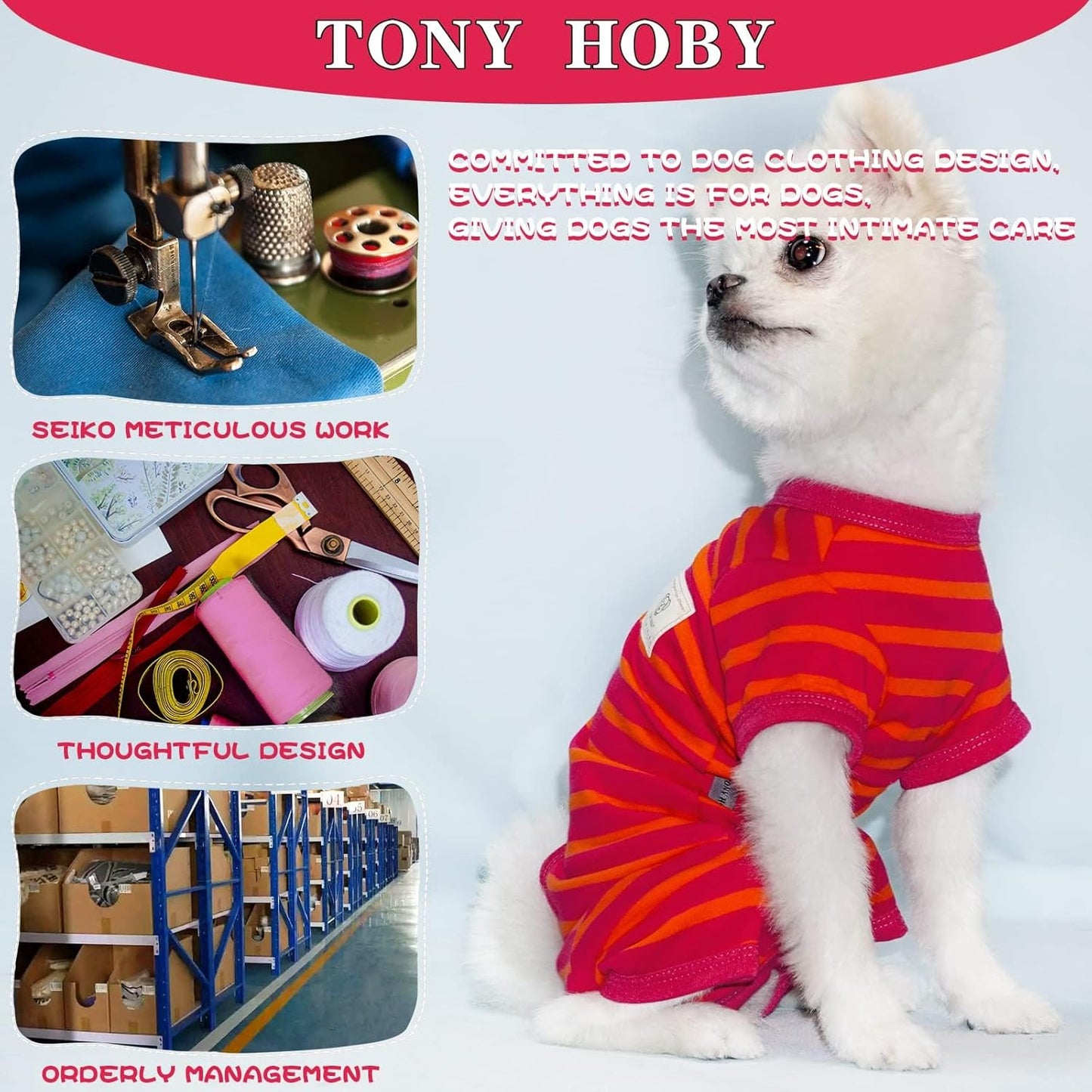 TONY HOBY Dog Pajamas, Female/Male Dog 4 Legged Pajamas, Soft Cotton Dogs Jumpsuit with Stripes (Rose Red&Orange, Girl, L)