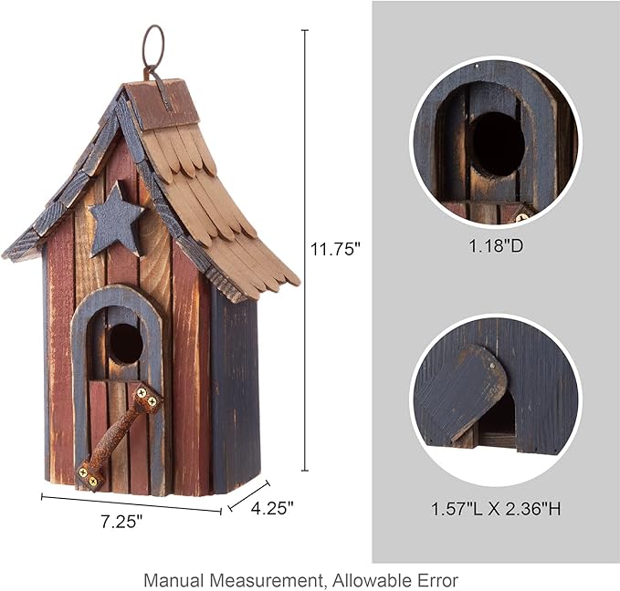 Glitzhome Bluebird House for Outside, Patriotic USA Wooden Hanging Birdhouse Hummingbird House Garden Outdoors Bird House with Door Handle for Hummingbird,Sparrow,Wren Finch,Cedar - 11.75 Inch Height