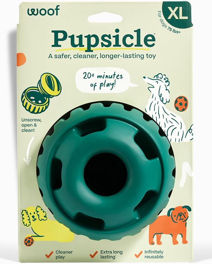 WOOF Pupsicle Interactive Dog Ball Toy for Dogs 75 lbs & Up - Green | Long-lasting enrichment toy for extra-large dogs, easy-fill design, low-mess play, made of natural rubber, easy to clean