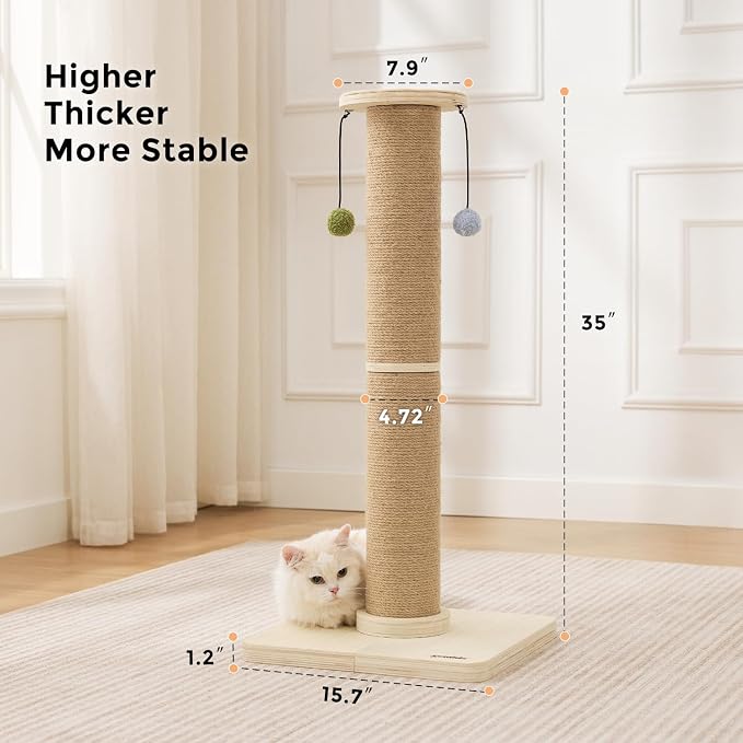 ZOMISIA 35'' Tall Cat Scratching Post, 4.7'' Large Scratch Post with Thicken Wooden Base for Indoor Cats Adults, Sisal Scratcher Top & Dangling Balls, Super Sturdy