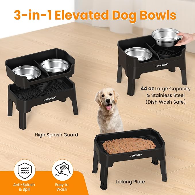 URPOWER 3-in-1 Elevated Dog Bowls - Mess Proof Double Deck 4 Height Adjustable Raised Stand with 2 Stainless Steel Food Bowls & Licking Plate for Small, Medium & Large Dogs (Pack of 2)