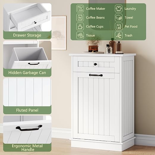 10 Gallon Tilt Out Trash Can Cabinet with Drawer, Hidden Trash Can, White | Cabinet with Drawers for Kitchen, Bathroom and Laundry Room