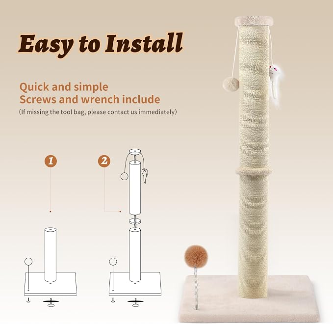 36 Inch Tall Cat Sisal Scratching Post for Indoor Cats, Beige | Natural Sisal, Sturdy Base, Interactive Toys, Full Stretch, Furniture Scratching Redirect, For Kittens and Adult Cats